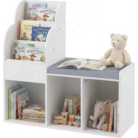 Kids Reading Nook with Bench Wooden Toddler Bookcase with 3 Storage Cubbies-White (1/5)