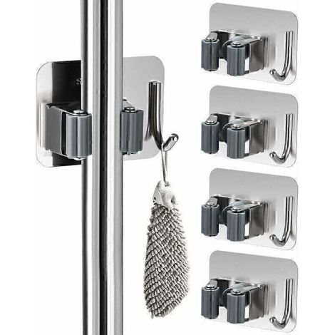 5 Pièces Porte Balais Mural sans Percage, Accroche Balai Mural, Accroche Balai Adhésif en Acier Inoxydable, Support Balais Mural avec Crochet, pour Cuisine, Salle de Bain, Jardin et Garage (1/5)