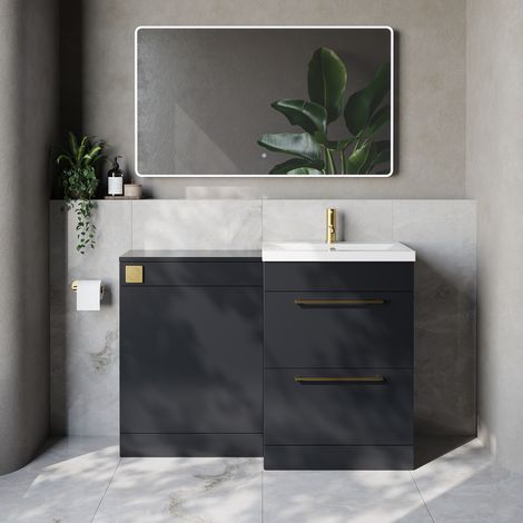 Napoli 390 Cento Gloss Grey 1200mm 2 Drawer Vanity Unit Toilet Suite with Glide Basin - 1200mm - Brushed Brass 320mm HandleWithout Kingston Toilet Pan