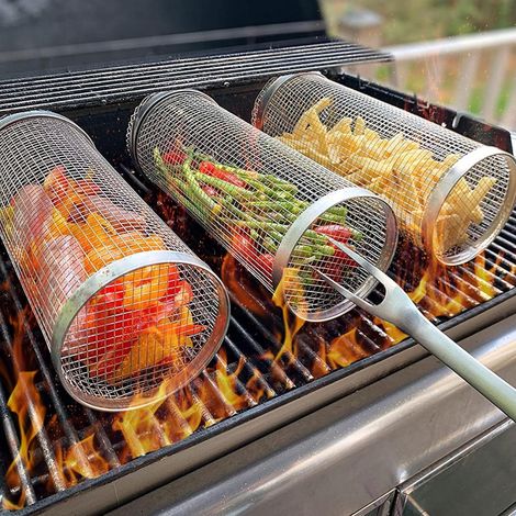 Panier grille de barbecue roulant en acier inoxydable 30x9.5cm – Cuisson simultanée de 20 ailes en 15 minutes – Pour pique-nique et camping (1/5)