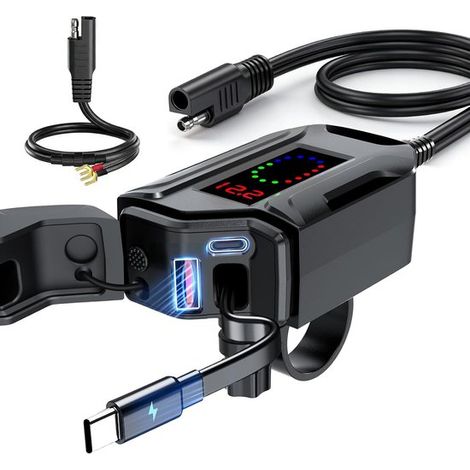 Chargeur USB pour moto - Chargeur USB pour motos - Avec ports USB-C et Type-C - Pièces détachées pour motos - Convient aux motos équipées d'un GPS, quads, etc. - Noir (1/5)