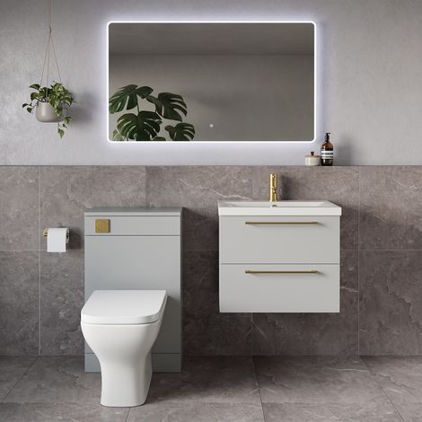 Napoli 390 Gloss Grey Pearl 1100mm Wall Mounted 2 Drawer Vanity Unit and Toilet Suite with Glide Basin - 1100mm - Brushed Brass 320mm HandleWith Kingston Toilet Pan and Seat