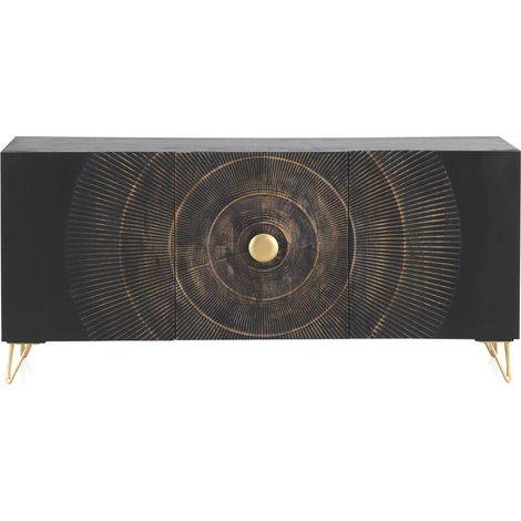 Sideboard aus schwarzem Mangoholz mit 3 Türen und goldenen Metallbeinen (1/5)