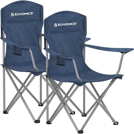 SONGMICS Chaise Pliante Camping, Lot de 2, Chaise de Pêche Extérieur, Dossier Haut, Accoudoir, Porte-gobelet, Portable, Capacité 150 kg, Camping, Jardin, Pêche, Terrasse, Bleu Crépuscule (1/5)