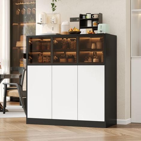 Buffet 100x105 cm, con illuminazione LED, 3 porte vetrate e 3 porte bianche, mobile multifunzionale per soggiorno, cucina e sala da pranzo (1/5)