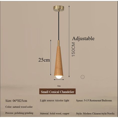 Suspension conique bois naturel et cuivre, 1 lumière, 3 tons de lumière, style vintage (1/5)