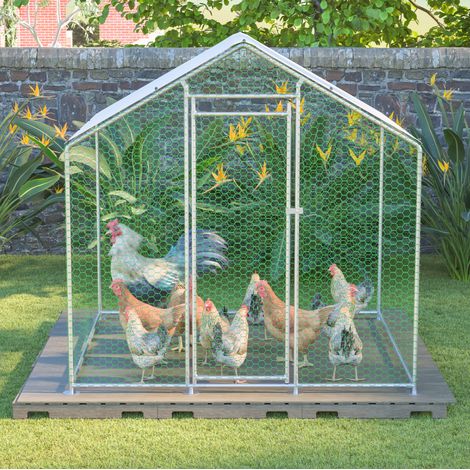 Enclos pour poules 203x197x200 cm en métal argenté, serrure de sécurité, pour extérieur – MEUBLIV (1/5)