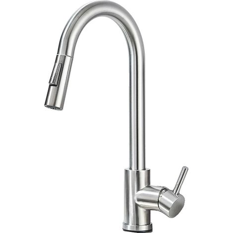 Robinet de cuisine, rotation à 360°, douchette extractible, Nickel brossé (1/2)