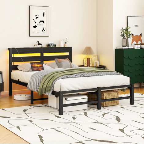 Cama con cabecero LED 120x200 cm con estación USB, estructura metálica negra y madera (1/5)