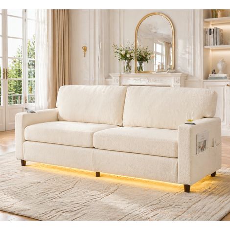 Moderner 2-Personen Chenille-Sofa mit USB-C, LED-Ambiente, Getränkehaltern und Seitentaschen. Holz/Metall-Rahmen mit Komfortschaum. Ideal für Wohnzimmer, Schlafzimmer oder Büro. beige (1/5)