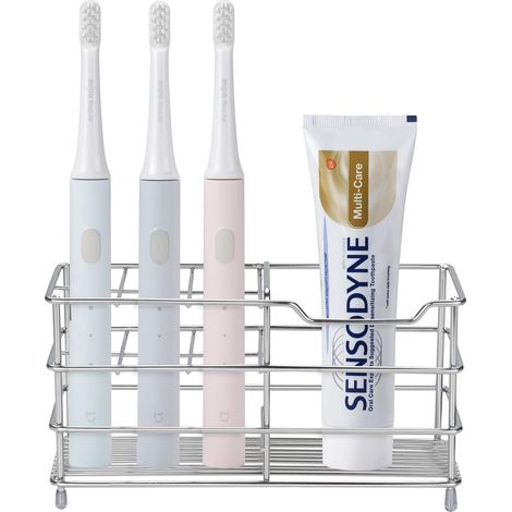Porte-brosse à dents et dentifrice en acier inoxydable avec 7 emplacements multifonctionnels, organisateur de salle de bain pour brosse à dents, dentifrice, nettoyant visage et peigne. (1/5)