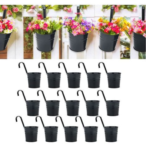 15 pots suspendus en métal noir pour clôture ou balcon – crochet amovible, lot complet de 15 pièces