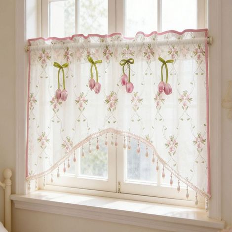 Voilage romantique floral semi-transparent – 120×60 cm – rideau en tulle léger avec tulipes roses rétro et perles décoratives – panneau unique (1/5)