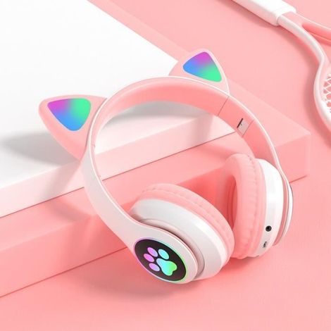 Casque Bluetooth 5.0 - LED - Anti-bruit - Pour enfants - Prise 3.5mm - Rose