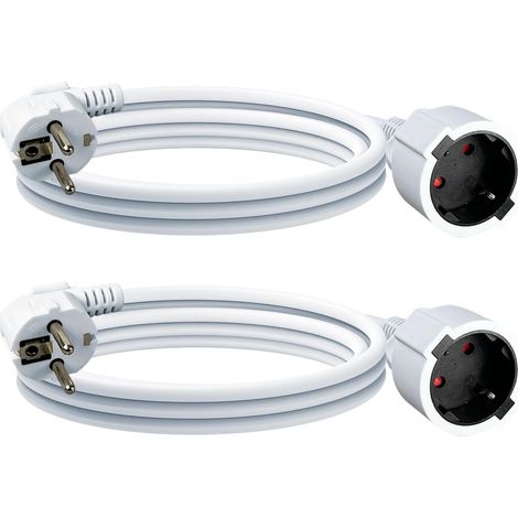 Lot de 2 rallonges IP44 de 3 m - En PVC - Pour l'intérieur - Contre la surchauffe - Prise H05VV-F 3G1,5 mm² - 16 A 250 V - Blanc (1/5)