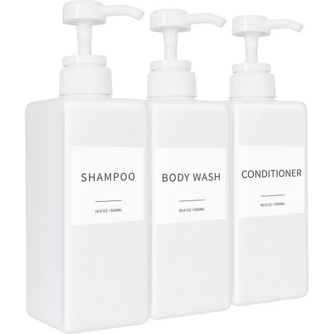 Lot de 3 distributeurs de Savon, shampooing et après-shampoing, Bouteilles à Pompe Rechargeables en Plastique avec étiquettes étanches, pour Salle de Bain/Douche, vides (Blanc, 500 ML) (1/5)