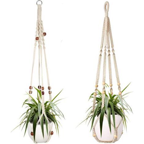 Two white cotton rope hanging baskets for indoor plants, each 98 cm, decorated with wooden beads. Hooks not included. (1/5)