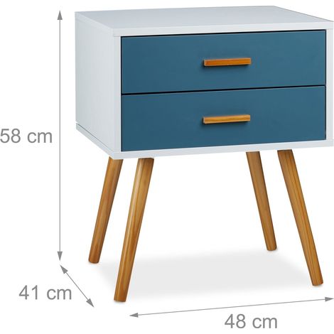 Commode rétro scandinave 58 x 48 x 41 cm avec 2 tiroirs élégante et fonctionnelle en bois laqué bleu (1/5)