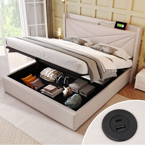 DESVIAE Lit double avec rangement et tête de lit géométrique avec ports USB Type C beige 180 x 200 cm structure en métal sommier à lattes en bois revêtement coton lin (1/5)