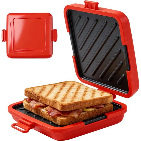 Appareil à croque-monsieur et gaufrier - Pour micro-ondes - Plaque anti-adhésive - Plaques sandwich sans fil - Passe au micro-ondes - Rouge (1/5)