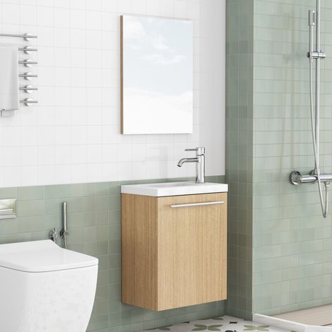 Meuble sous vasque suspendu 40x25x48 cm en MDF chêne avec lavabo céramique, gain de place – MEUBLIV (1/5)