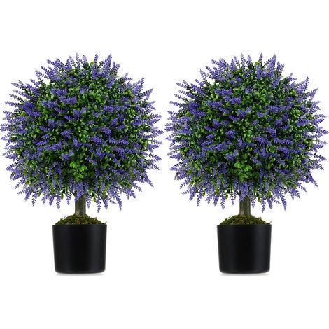COSTWAY Set di 2 Alberi di Topiario Artificiale con Lavanda, Albero di Bosso Finto da 58 cm con Vaso Riempito di Cemento, Pianta Finta Resistente al Sole per Interni ed Esterni (1/5)