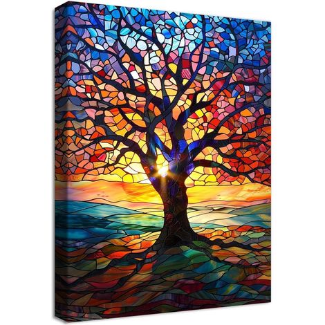 Baum des Lebens Leinwandbild Abstrakt Rot Gelb Blau Rahmen 30x40cm (1/5)