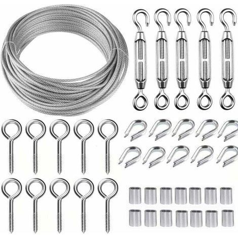 Kit de câble métallique en acier inoxydable de 5 m/2 mm avec tendeur de fil robuste M5, kit de rouleau de fil de clôture, kit de garde-corps de câble, tendeurs de fil de jardin pour plantes grimpante (1/5)