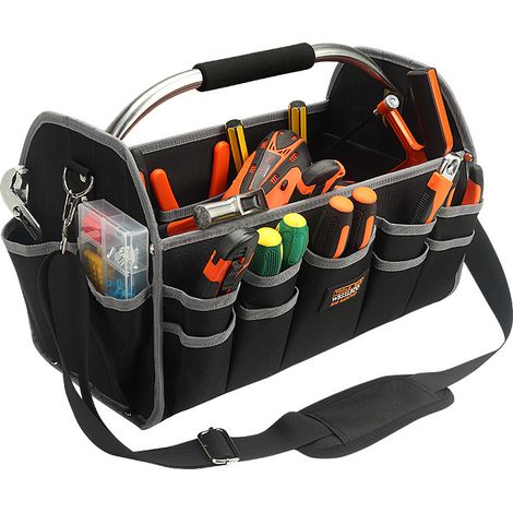 Boîte à outils portable multifonctionnelle, sac à outils d'électricien grande capacité, grande boîte de rangement pour outils de quincaillerie (noir) (1/5)