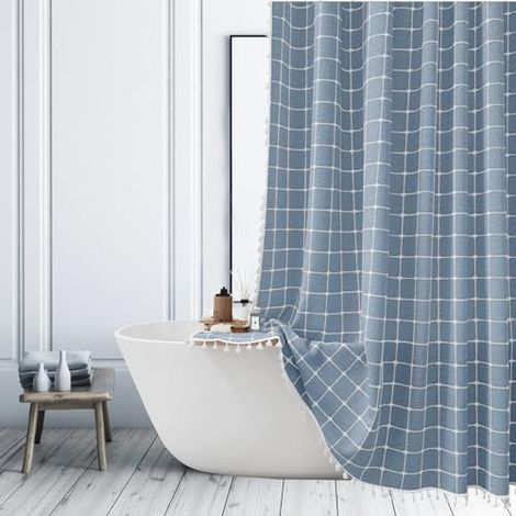 Rideau de Douche Style Bohème Bleu Rideaux de Douche pour Salle de Bain Ferme Minimaliste de Campagne Moderne Rideau de Baignoire en Tissu Lin Textile Lourd avec Glands 180x200cm (1/4)
