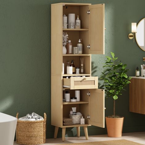 Armadio bagno alto 40x30x166 cm, ante in rattan reversibili, cassetto e ripiano aperto, MDF, legno naturale (1/5)