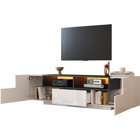 ELVMI Mueble TV con 2 Armarios en L, 1 Cajón, 2 Nichos Semiabiertos y LED, para Salón, Blanco, 180 x 40 x 48 cm (1/5)