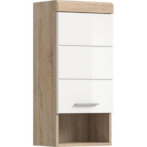 Badezimmer Hängeschrank, 37 cm breit, in Sonoma Eiche mit weiß Hochglanz - SIROCO-158 (1/5)
