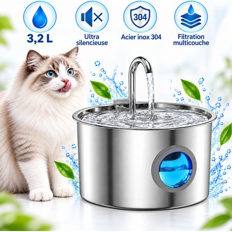 Fontaine à Eau pour Chat INOX – 3,2 L – Ultra silencieuse – Fontaine Chat Acier Automatique, Filtre Multicouche avec 2 filtres (1/5)
