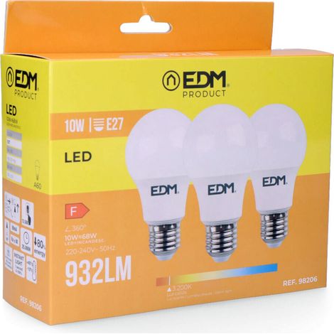 Kit de 3 Ampoules LED EDM Standard E27 10W 932lm 3200K Lumière Chaude Ø6x10,8cm (1/3)