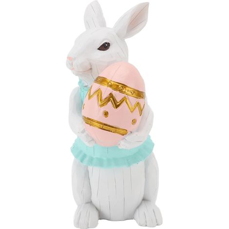 Statuetta di coniglio, adorabile statuetta vintage in resina per Pasqua, decorazioni per la casa, decorazioni natalizie, che tiene in mano un uovo colorato. (1/5)
