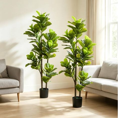 2er Set künstliche Geigenfeige 150 cm, künstliche Innenpflanze mit Zementtopf, künstliche Zimmerpflanze (1/5)