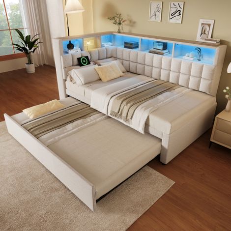 Lit gigogne 90x190,lit tapissé,Cadre de lit bois,avec LED,enceinte Bluetooth,port de charge USB & Type-C,tête de lit en L avec étagère de rangement,canapé convertible/lit d'appoint,beige(sans matelas) (1/4)