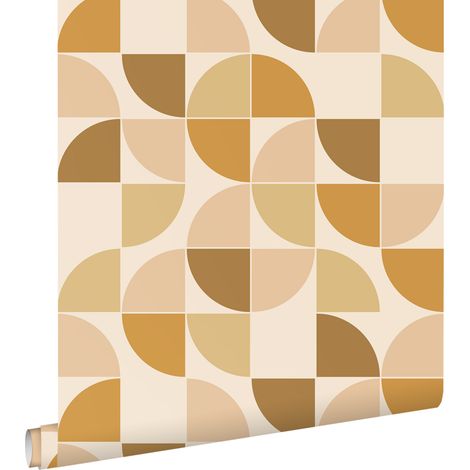 papier peint ornements au style rétro marron, beige et jaune ocre - ESTAhome