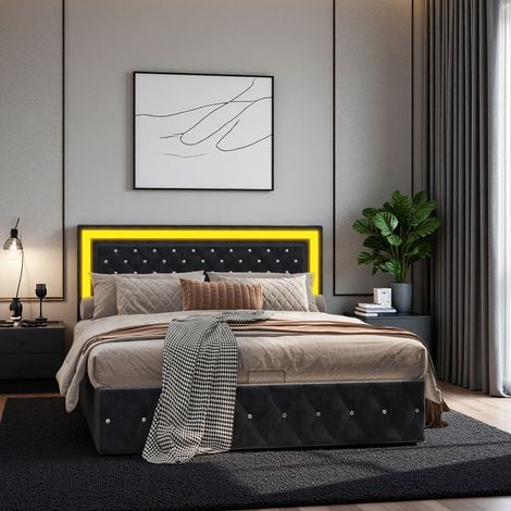 Letto 160x200 cm - tessuto in velluto - LED - Stile nordico - struttura letto matrimoniale 160x200 cm - nero (1/5)