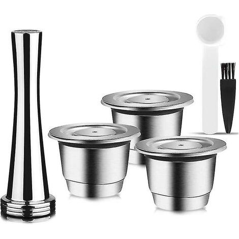 Wiederverwendbare Edelstahlkapseln, 3-teilig, inklusive nachfüllbarer Pads, 1 Stopfer, 1 Löffel und 1 Bürste (1/5)