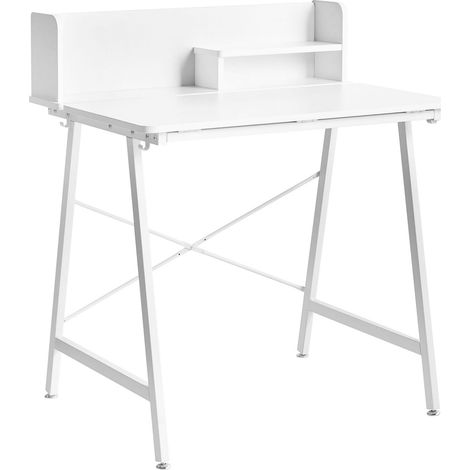 Drawing Desk White Particle Board Iron Legs with Tilting Top Cable Hooks Modern Style ALAND