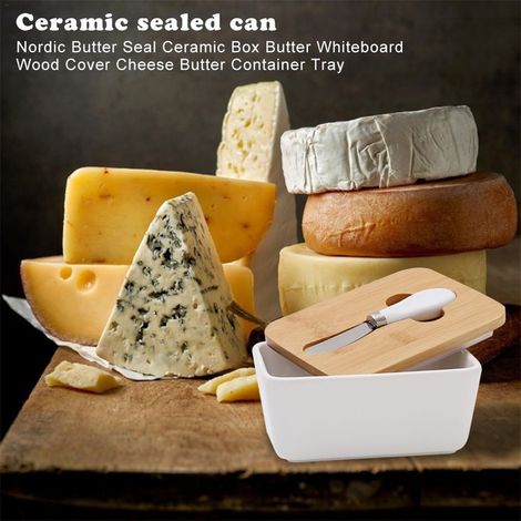 Boîte à beurre en céramique avec couvercle en bois et couteau, plat à beurre et fromage, récipient de conservation. (1/5)