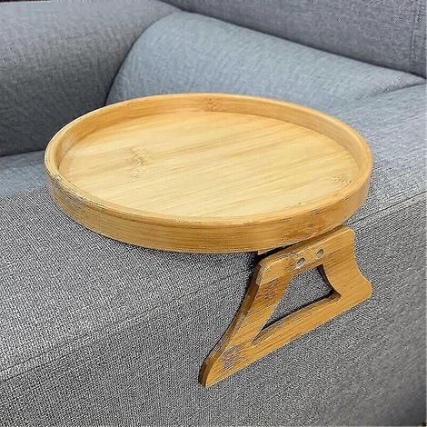 Plateau rond en bois pour canapé/fauteuil, rangement pour boissons/en-cas/télécommandes/service (1/5)