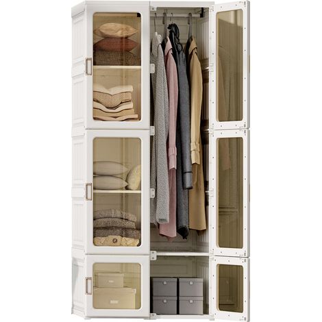Armoire, armoire de chambre portable, armoire pliable multifonctionnelle avec portes transparentes magnétiques et 1 tringle, armoire en plastique, 170 x 69 x 50 cm (blanc)