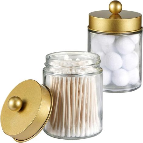 Juego de 2 frascos de boticario para el baño – Caja de almacenamiento para encimera para sales de baño, gomas para el pelo (dorado) (1/4)