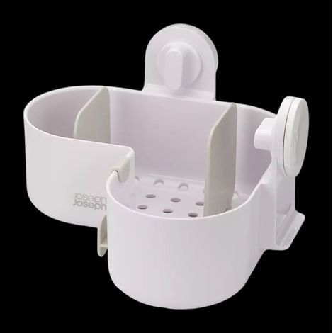 Eckkorb de Shower Duo™ de Joseph Joseph, Saugnapf-Organisator, einfach zu installieren mit beweglichen Unterteilungen, ideal für Seife und Shampoo.