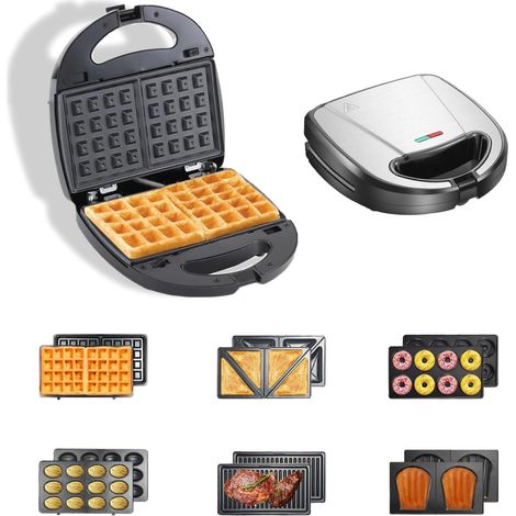 1 Appareil à sandwich, 6 plaques interchangeables, 750 W, acier inoxydable, gaufrier, cuisine
