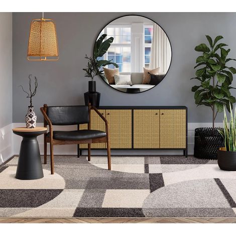 Modern Art Deco Rug for Living Room, Bedroom, Kitchen Bold Geometric Design Grey Black Rug in Medium 120x170 cm (4'x5'6")