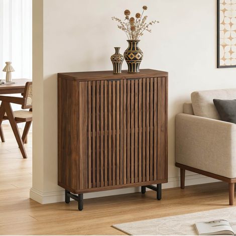 Zapatero 85x35x110 cm de MDF y metal marrón oscuro con puertas ventiladas - MEUBLIV (1/5)